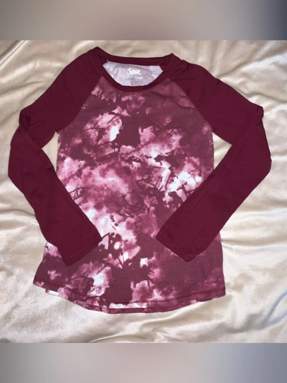 Justice Girls Long Sleeve Tie-Dye Tee in Burgundy and Pink